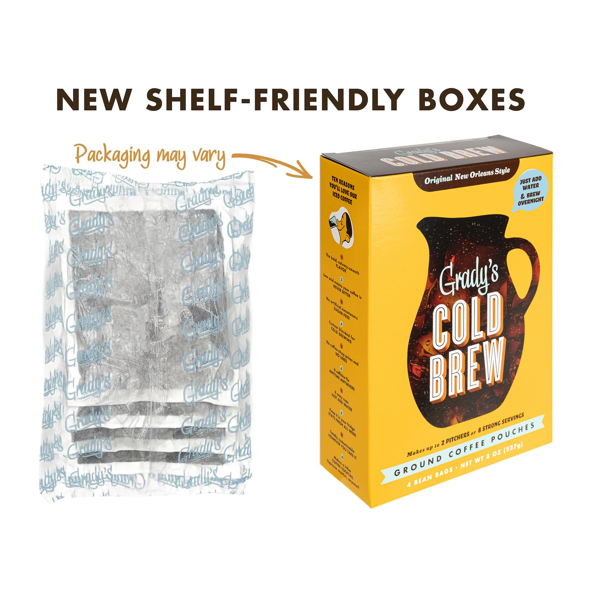 Grady's Cold Brew steeping in cold water demonstrates 12–24 hour flavor infusion.