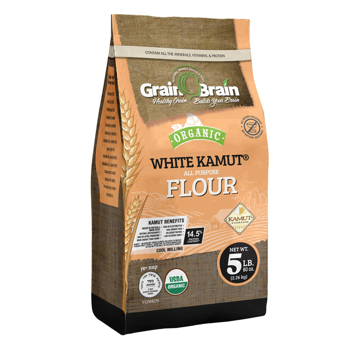 Grain Brain Organic White Kamut Flour bag showcasing premium all-purpose flour for baking