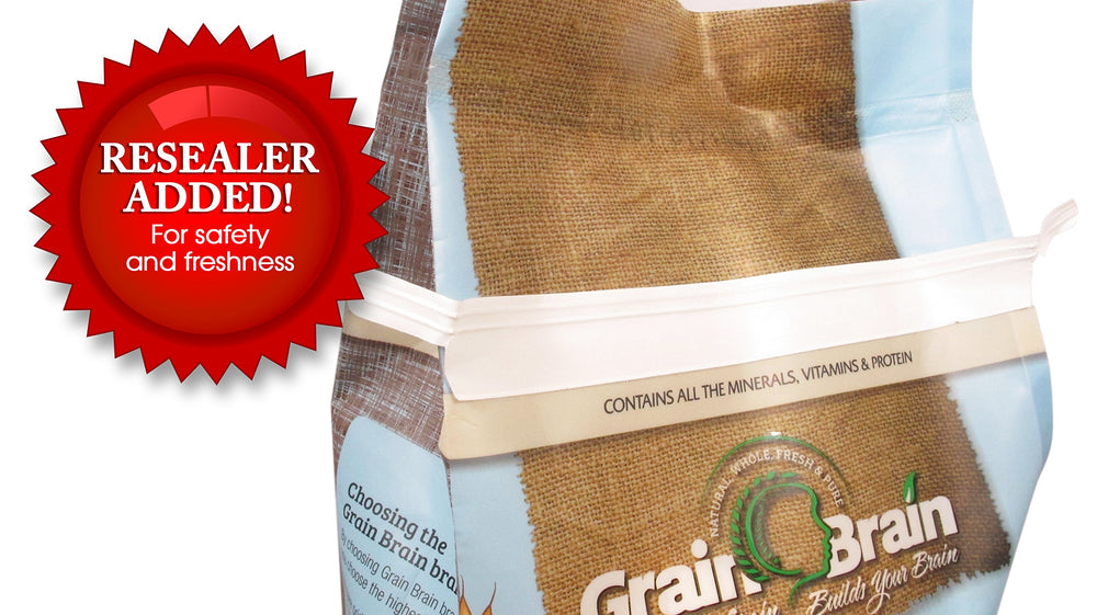 Grain Brain White Spelt Flour bag closeup, premium organic baking ingredient