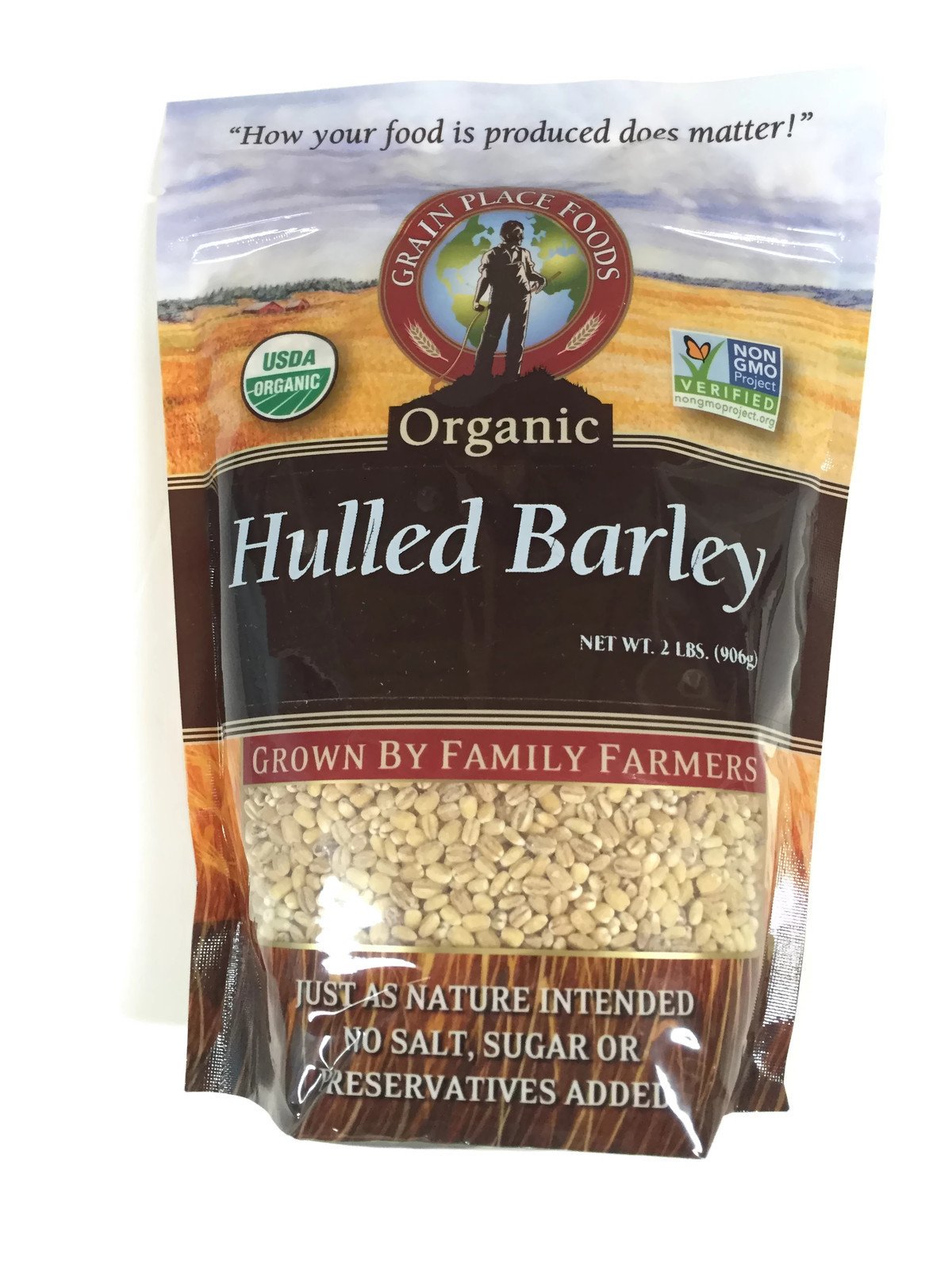 Grain Place Foods hulled barley bag front, showcasing organic grain with high fiber.