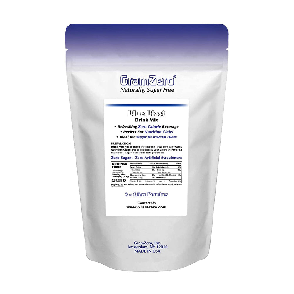 GramZero Blue Blast ice-ready serving, refreshing zero-calorie option for hydration.