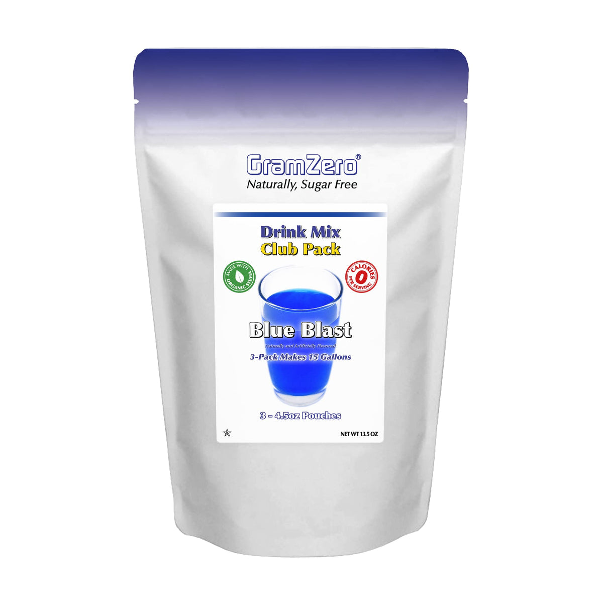 GramZero Blue Blast pouch close-up, zero-calorie hydration with natural stevia.