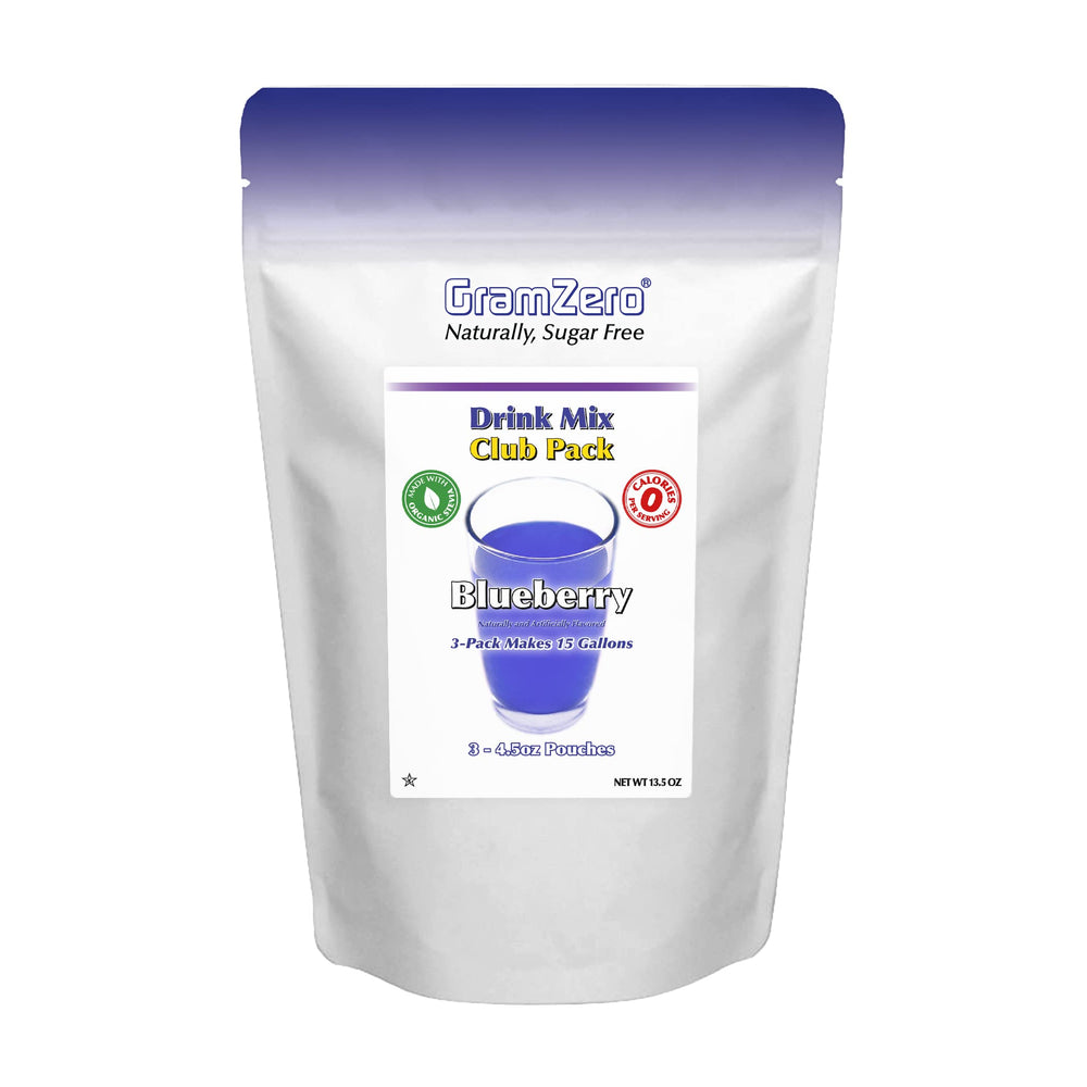 GramZero Blueberry Zero Calorie Drink Mix being poured into water for a keto-friendly refreshment.