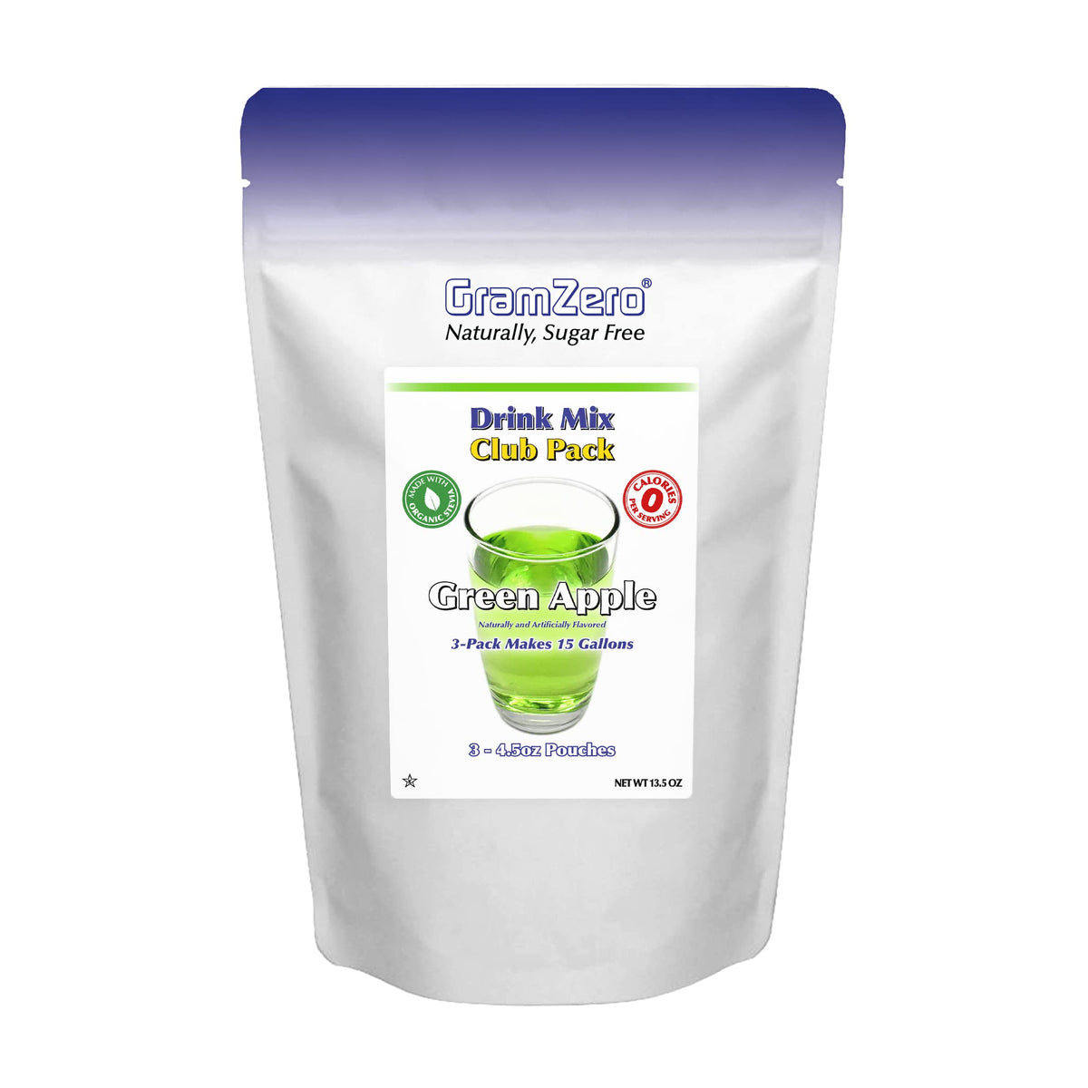 GramZero Green Apple drink mix bottle poured into water for a zero-calorie refreshment.