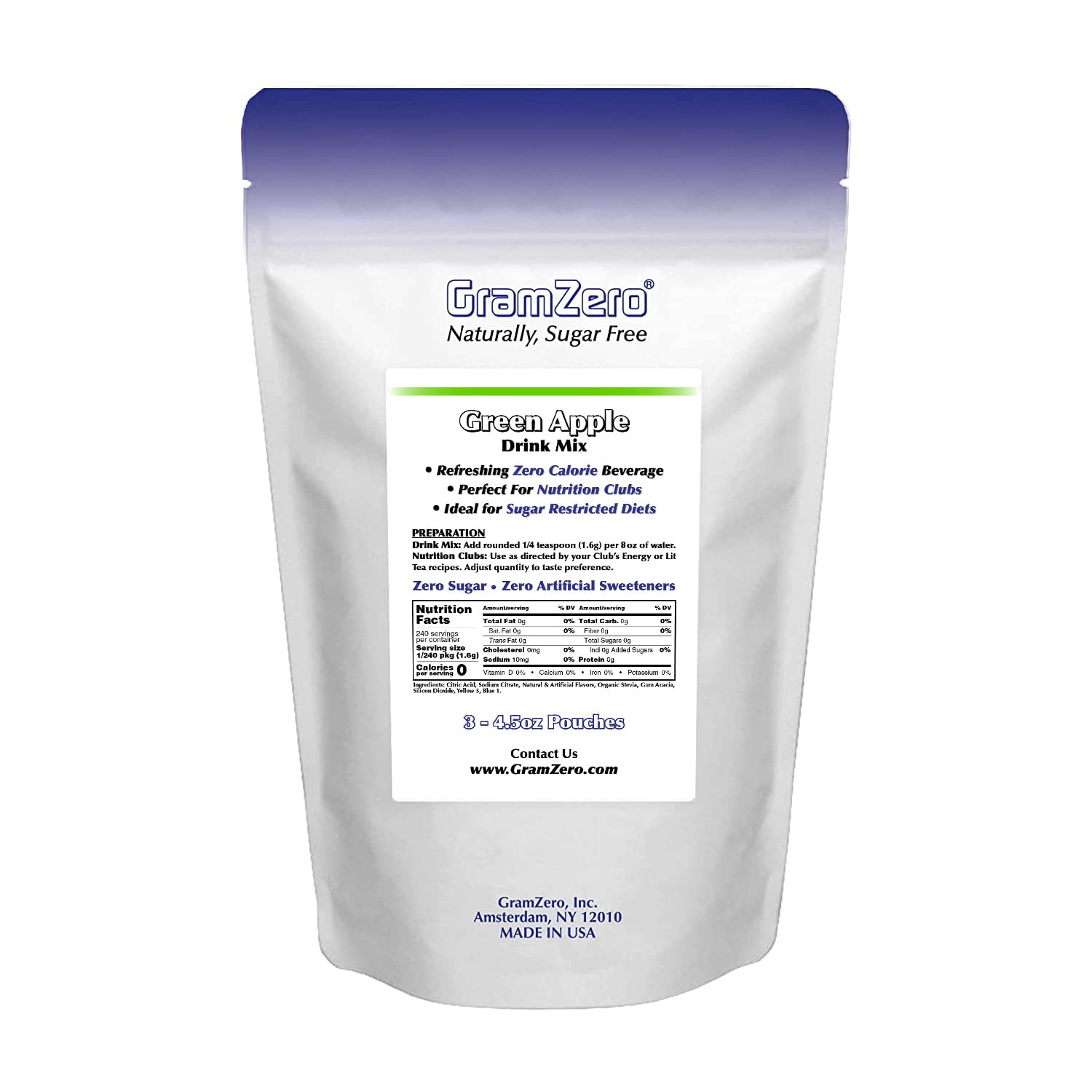 GramZero Green Apple powder in a kitchen setup for nutrition clubs and recipes.