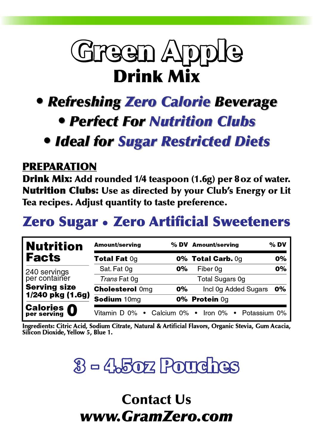 GramZero Green Apple powder pouch beside a glass of flavored water showing keto-friendly flavor.