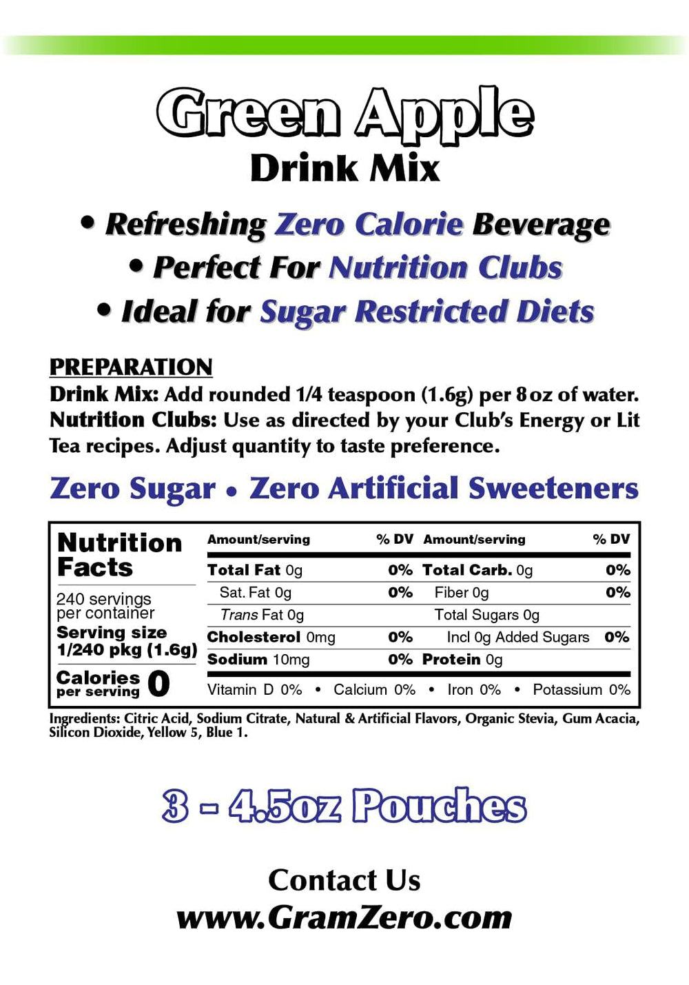 GramZero Green Apple powder pouch beside a glass of flavored water showing keto-friendly flavor.