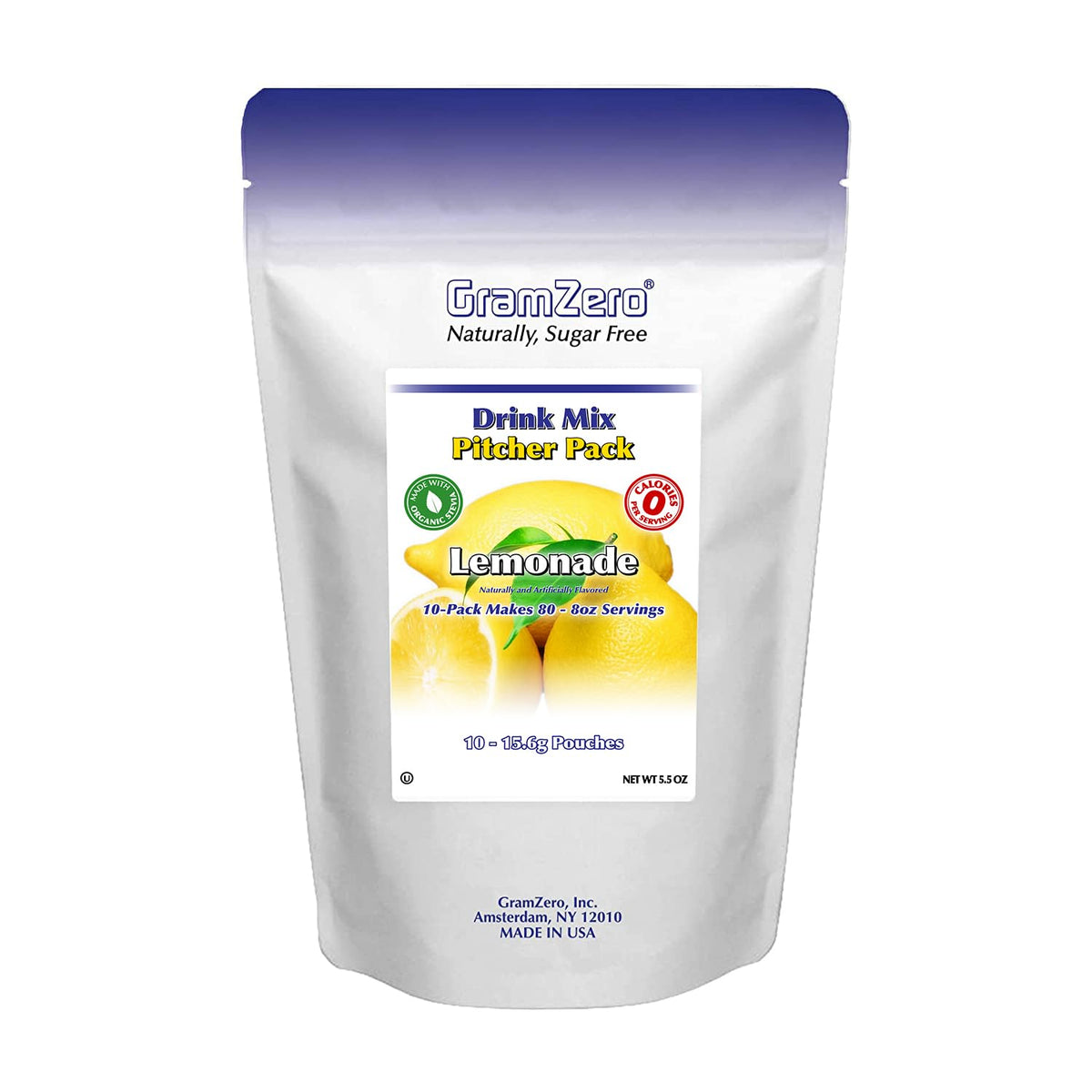 GramZero Lemonade sugar-free drink mix pitcher pack for refreshing zero-calorie beverages.