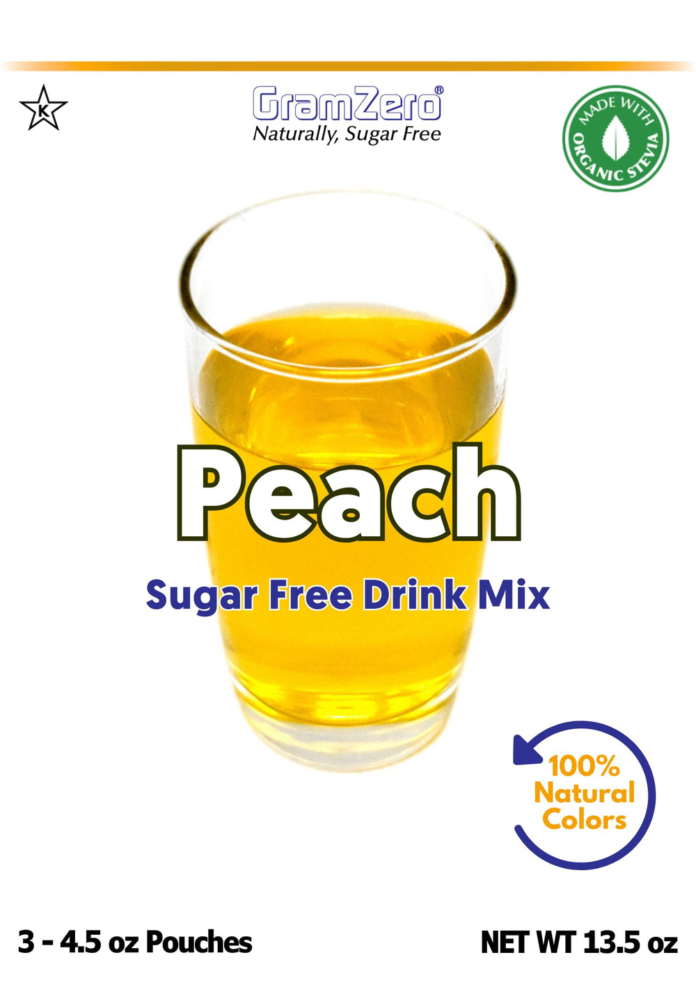 GramZero Peach powder scoop on counter highlights convenient measuring for zero-calorie drinks.