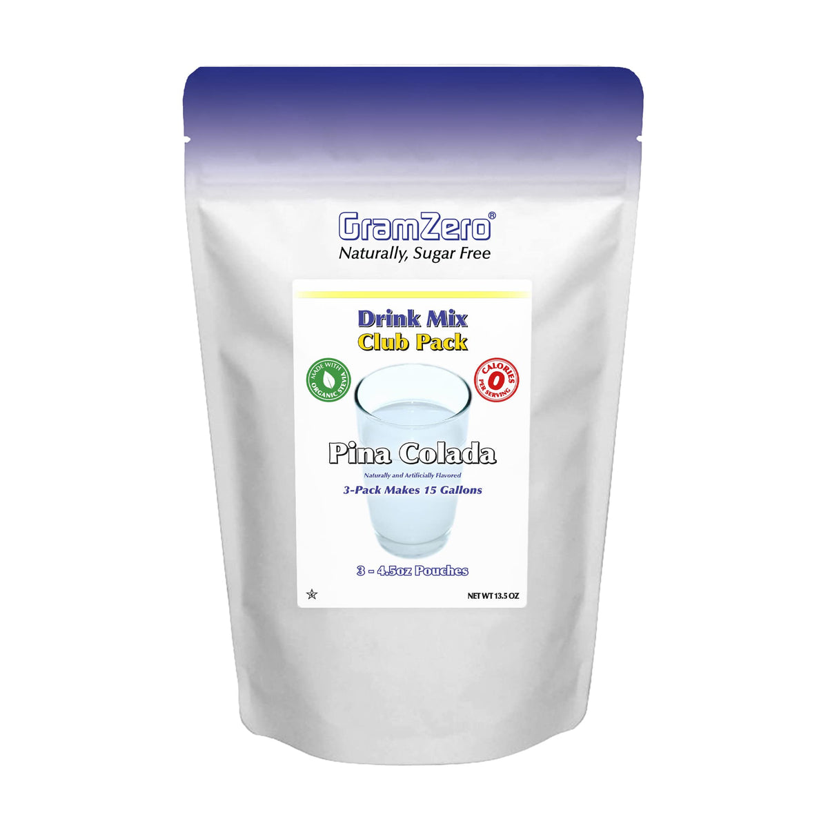 GramZero Pina Colada powder pouch shows zero calories and sugar-free option.