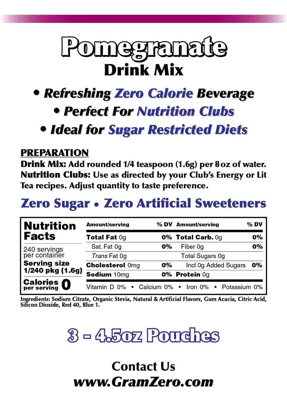 Bottle pouring GramZero Pomegranate mix into water for a refreshing sugar-free flavor.