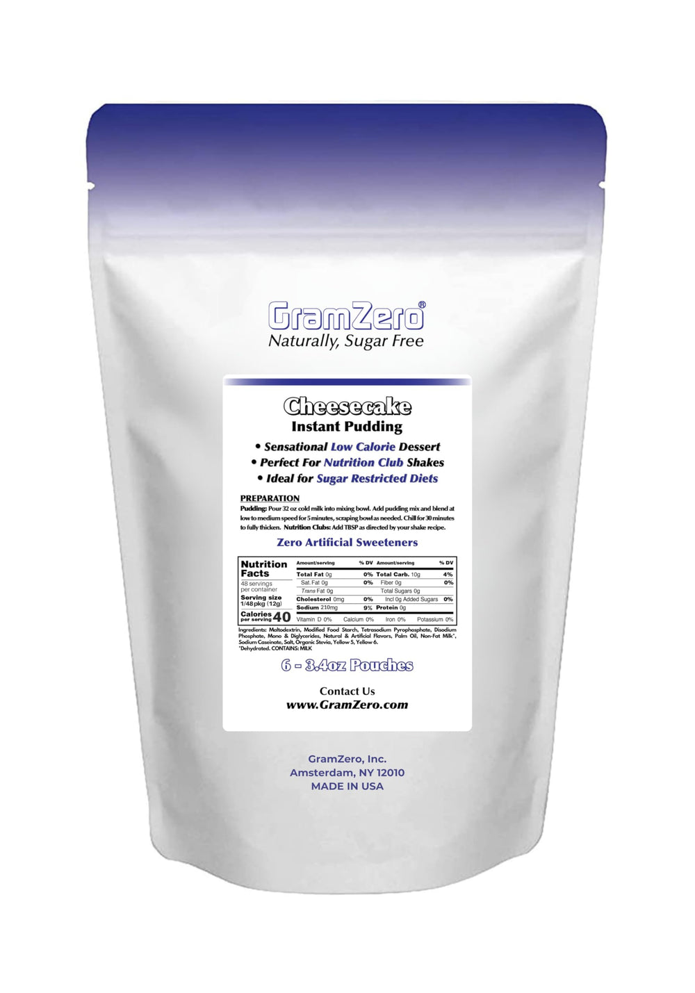 GramZero six inner pouches pudding mix image emphasizes convenient packaging and precise portions.