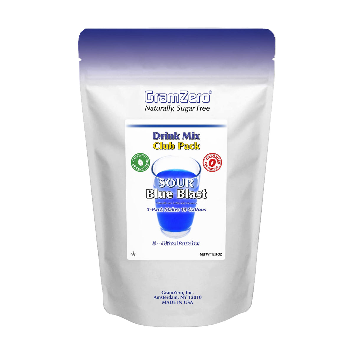 GramZero Sour Blue Blast powder for zero-calorie flavor with organic stevia