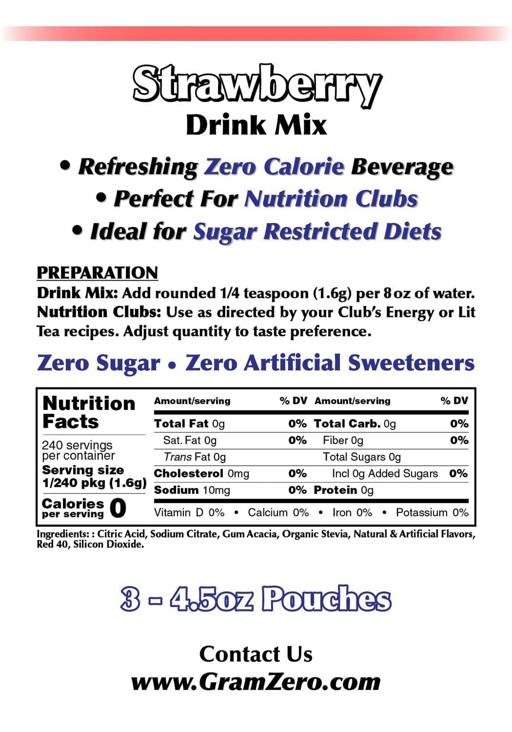 GramZero Strawberry drink mix being stirred into water for flavor.
