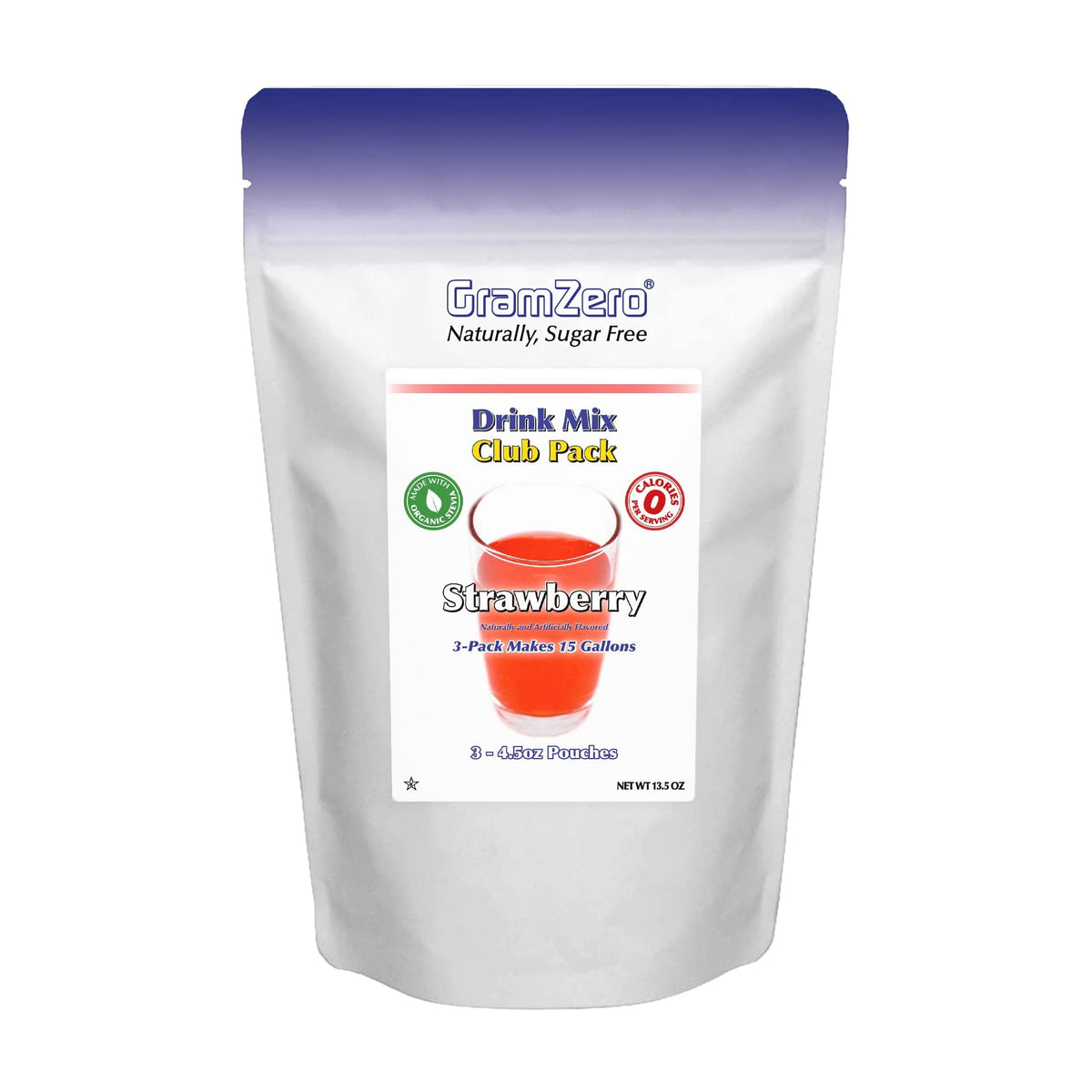 GramZero Strawberry drink mix master pouch—zero calories, stevia-sweetened.