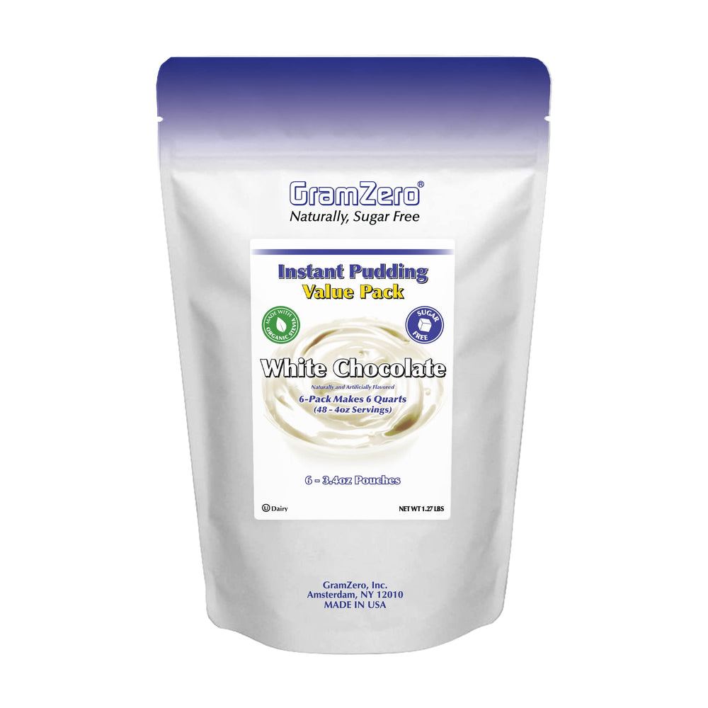 GramZero white chocolate pudding mix packaging, a sugar-free option for light, low-carb desserts.