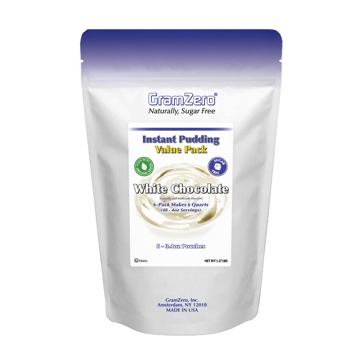 GramZero white chocolate pudding mix packaging, a sugar-free option for light, low-carb desserts.