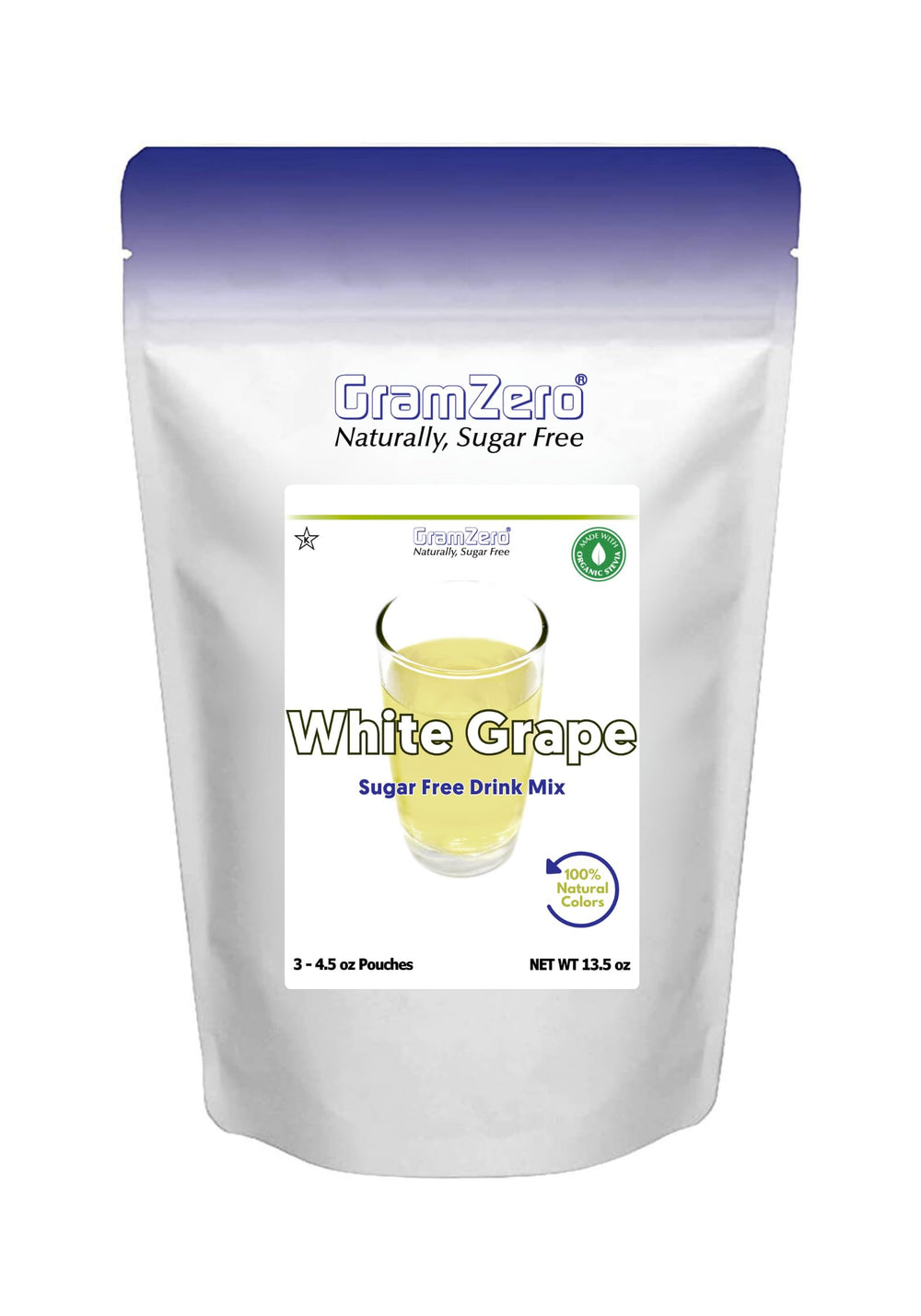 GramZero White Grape powder pouch for smooth mixing and zero calorie flavor enhancement.