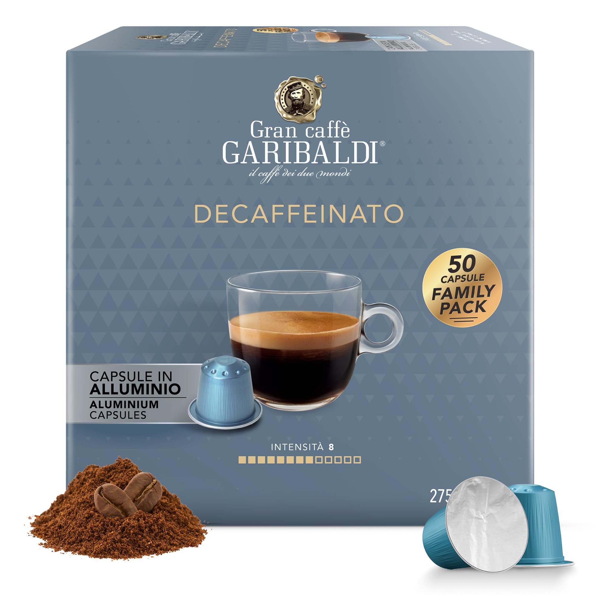 Gran Caffè Garibaldi decaf pods pack ready for home use.