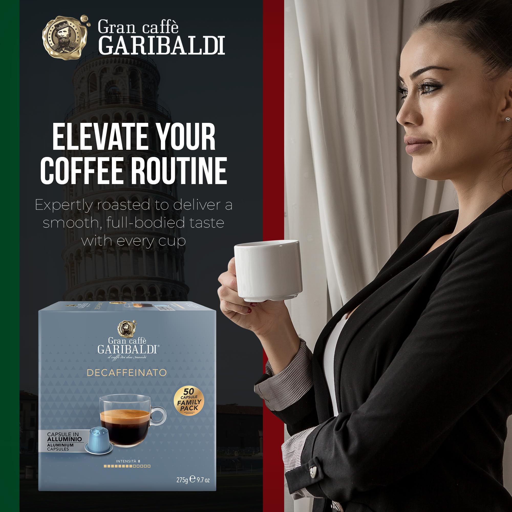Nitrogen flushed aluminum capsules preserve bold aroma for Gran Caffè Garibaldi decaf.