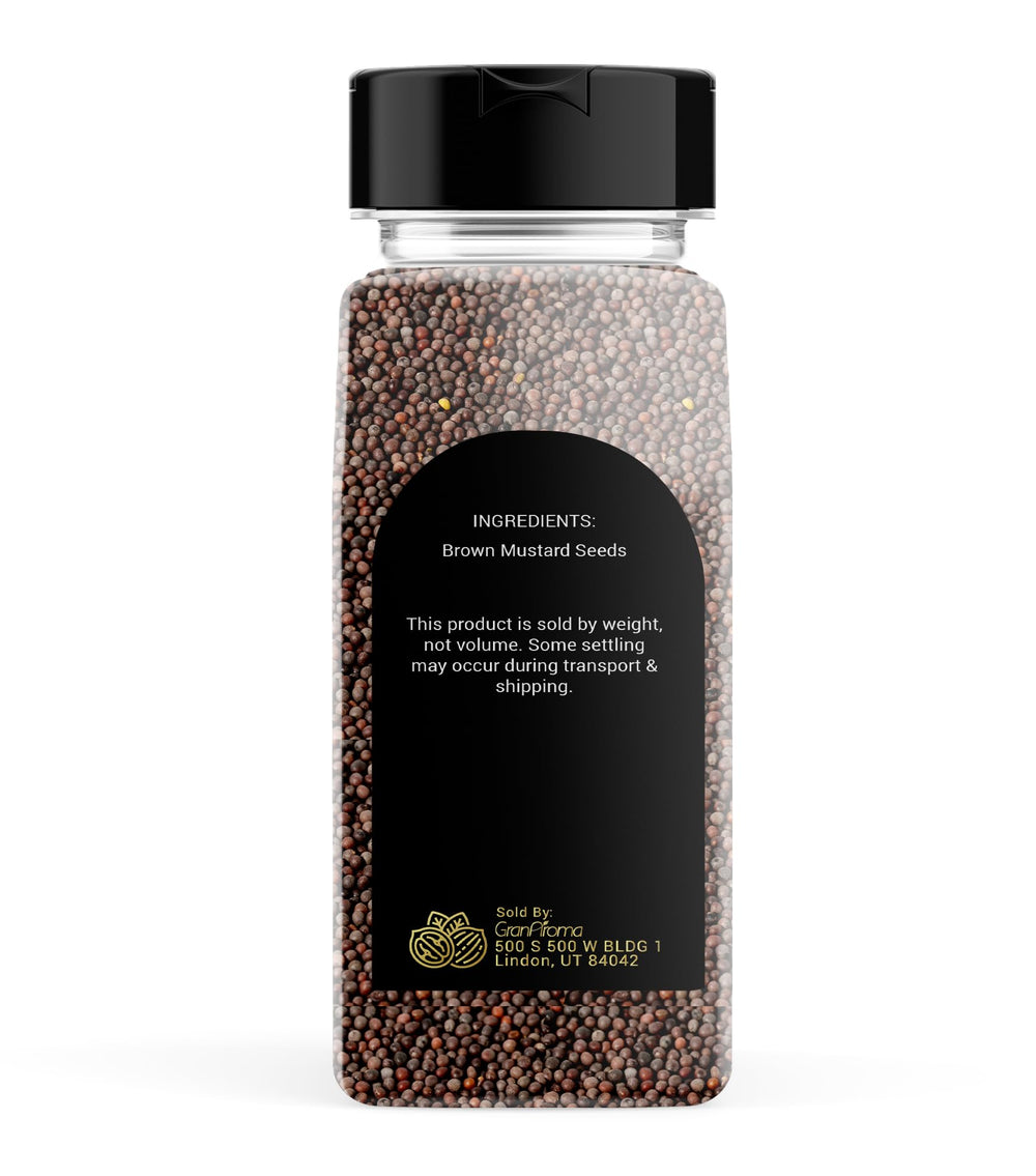 Close-up of GranAroma brown mustard seeds showing rich texture for flavor inspiration.