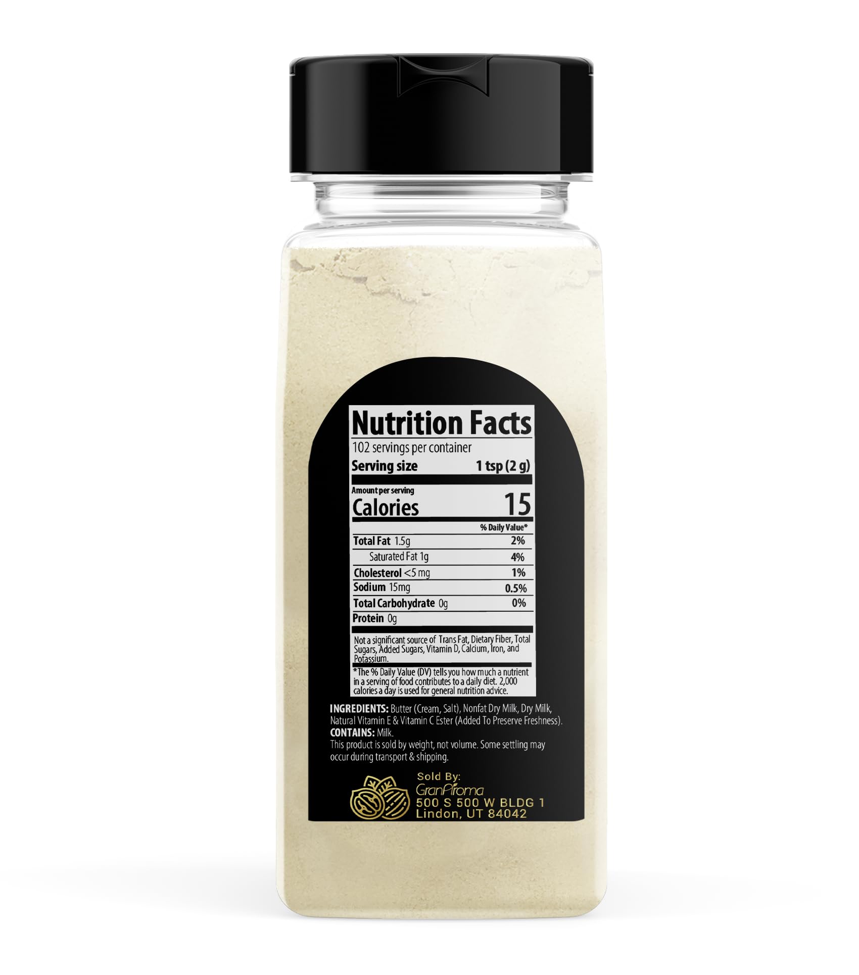 Granaroma Butter Powder scoop emphasizes versatile topping for popcorn and recipes.
