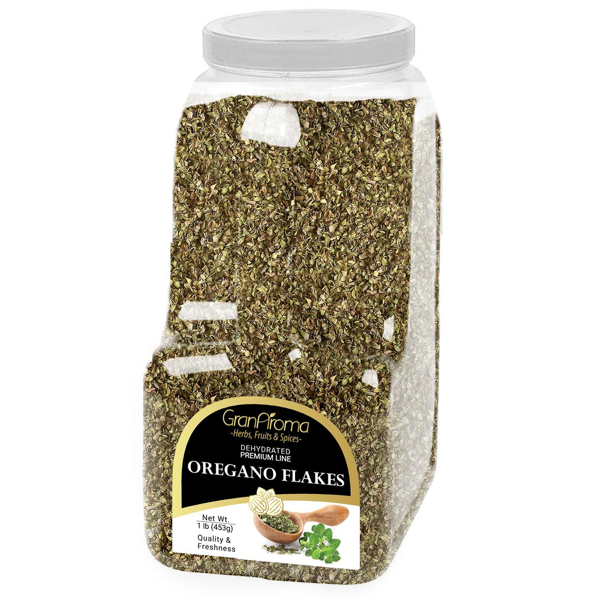 GranAroma Oregano Flakes jar close-up for authentic cooking aroma.