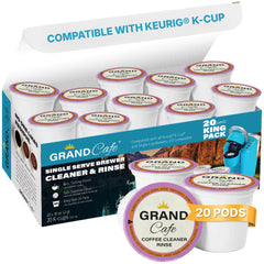 Grand Cafe de la Gare cleaning pods 20-pack in box for Keurig machines, preserving flavor.