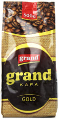 Grand Ground Coffee Gold packaging highlights premium Turkish-style grind for rich brews.