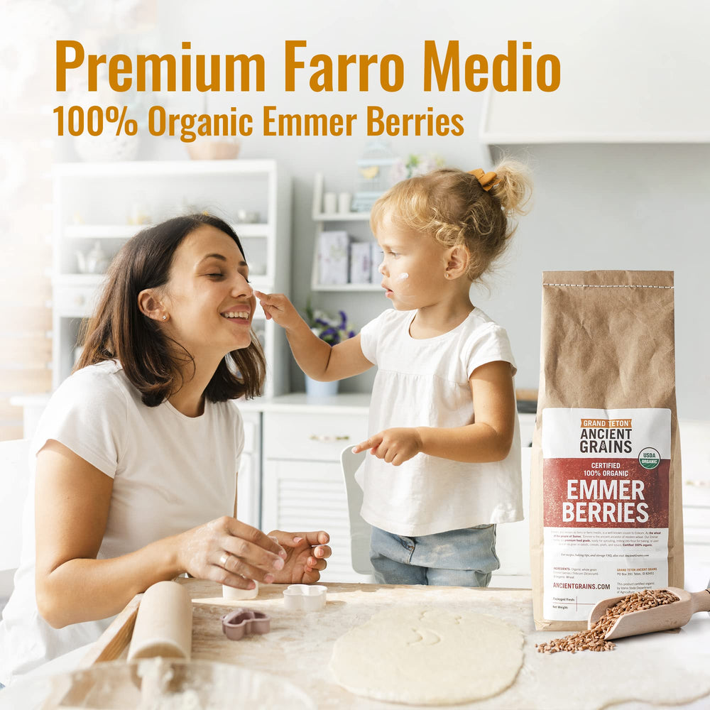 Grand Teton Emmer Wheat Berries in a kitchen scene, ideal for vegan baking.