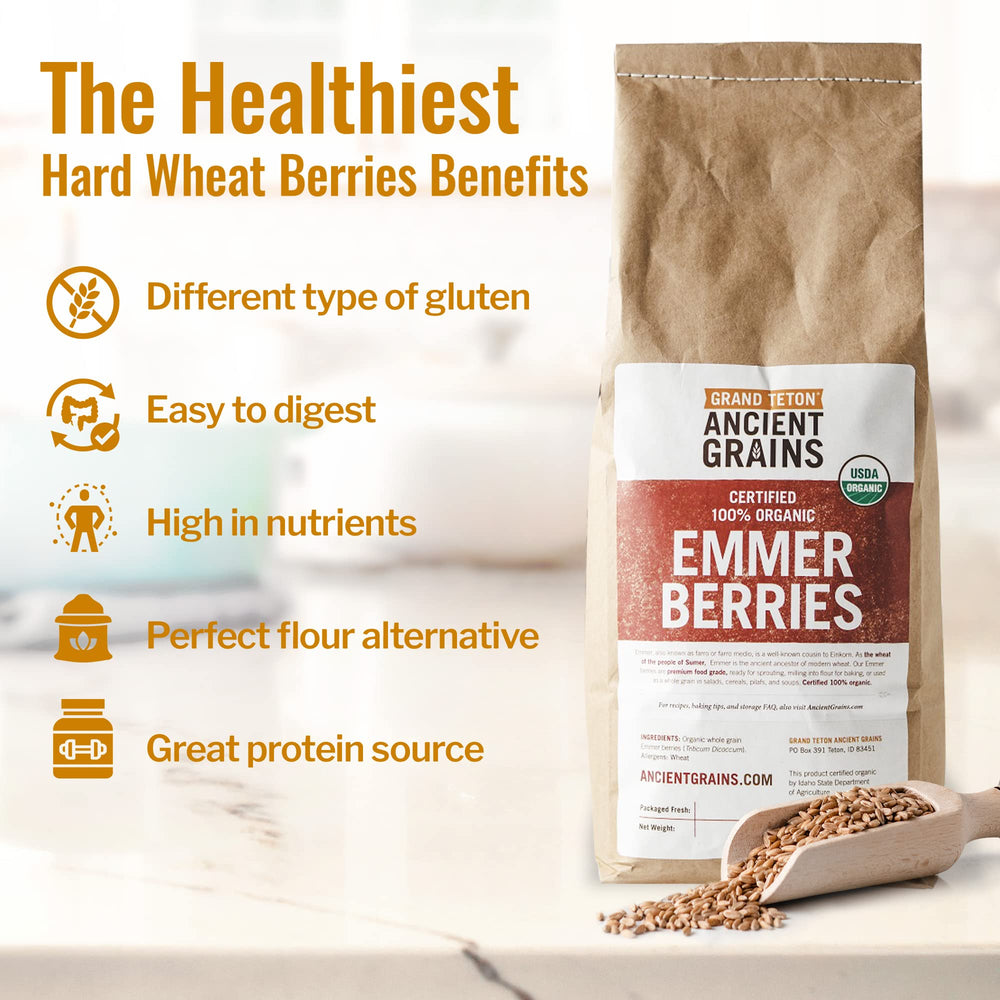 Grand Teton Emmer Wheat Berries in measuring cup, perfect for breakfast bowls.