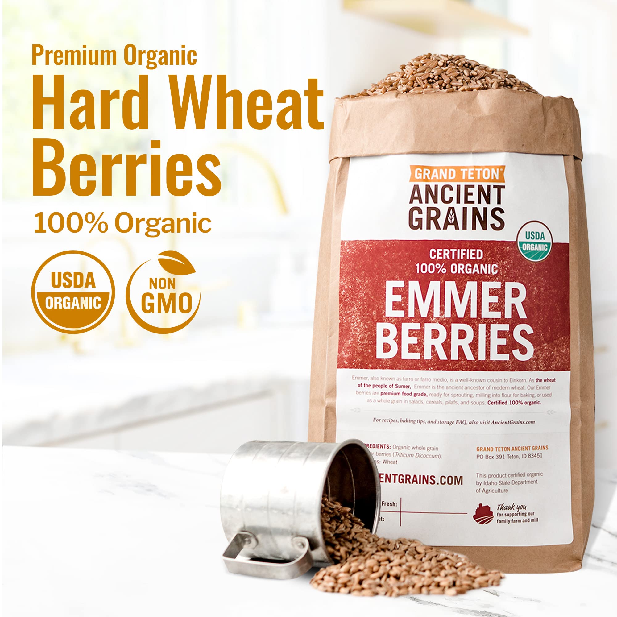Grand Teton Emmer Wheat Berries packaging shows organic premium berries.