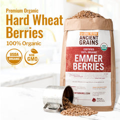 Grand Teton Emmer Wheat Berries packaging shows organic premium berries.