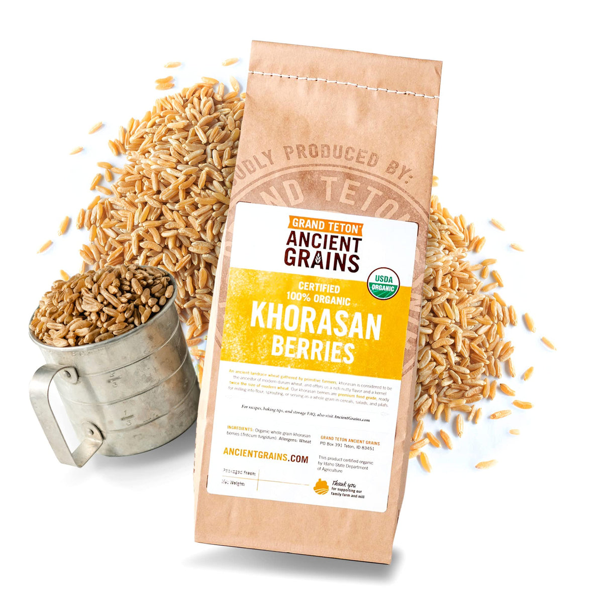 Grand Teton Khorasan wheat berries in a resealable pack for pantry prep and storage