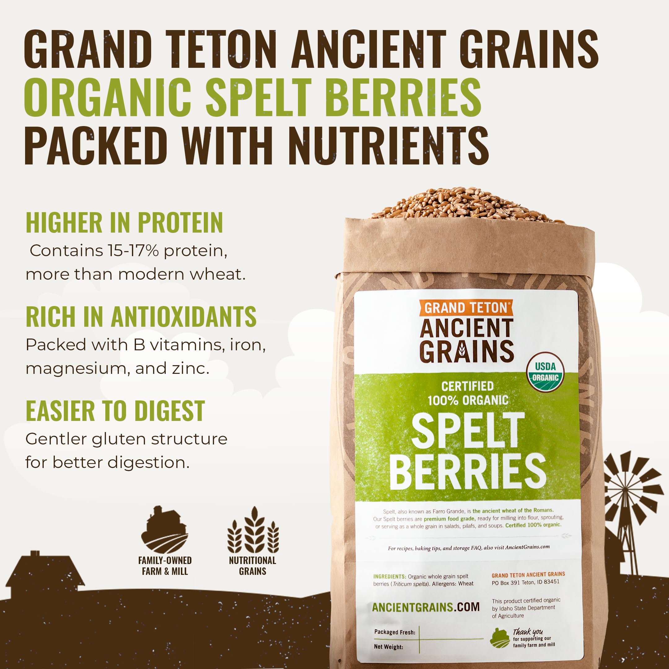 Grand Teton Organic Spelt Berries harvested in Idaho offer nutritious fiber for meals.