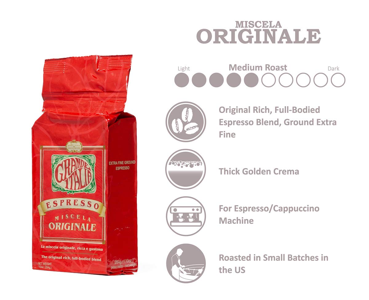 Grande Italia Espresso Ground packaging highlights traditional Italian blend and freshness.