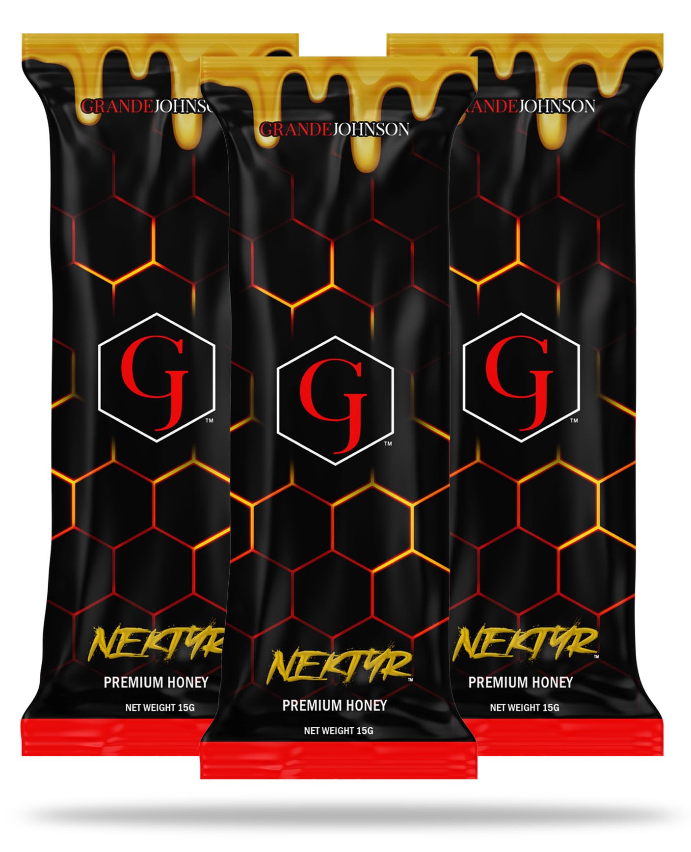 Grande Johnson Nektyr organic honey with pollen pour highlights its golden aroma and natural energy potential.