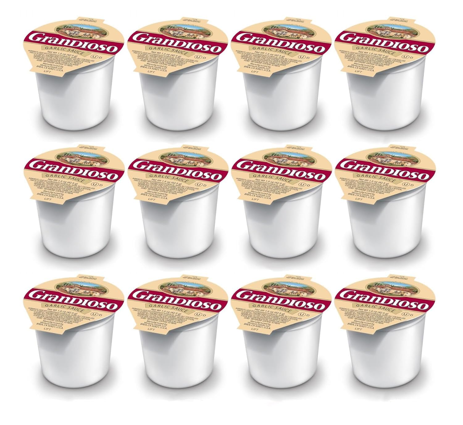 Grandioso garlic dipping sauce cup close-up showing a convenient 1.5 oz portion.