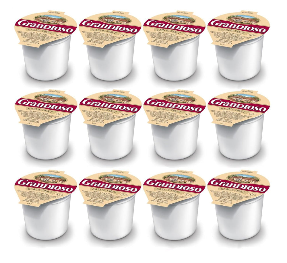 Grandioso garlic dipping sauce cup close-up showing a convenient 1.5 oz portion.