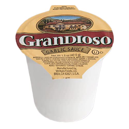 Grandioso gluten-free kosher label highlights dietary options for the garlic sauce.