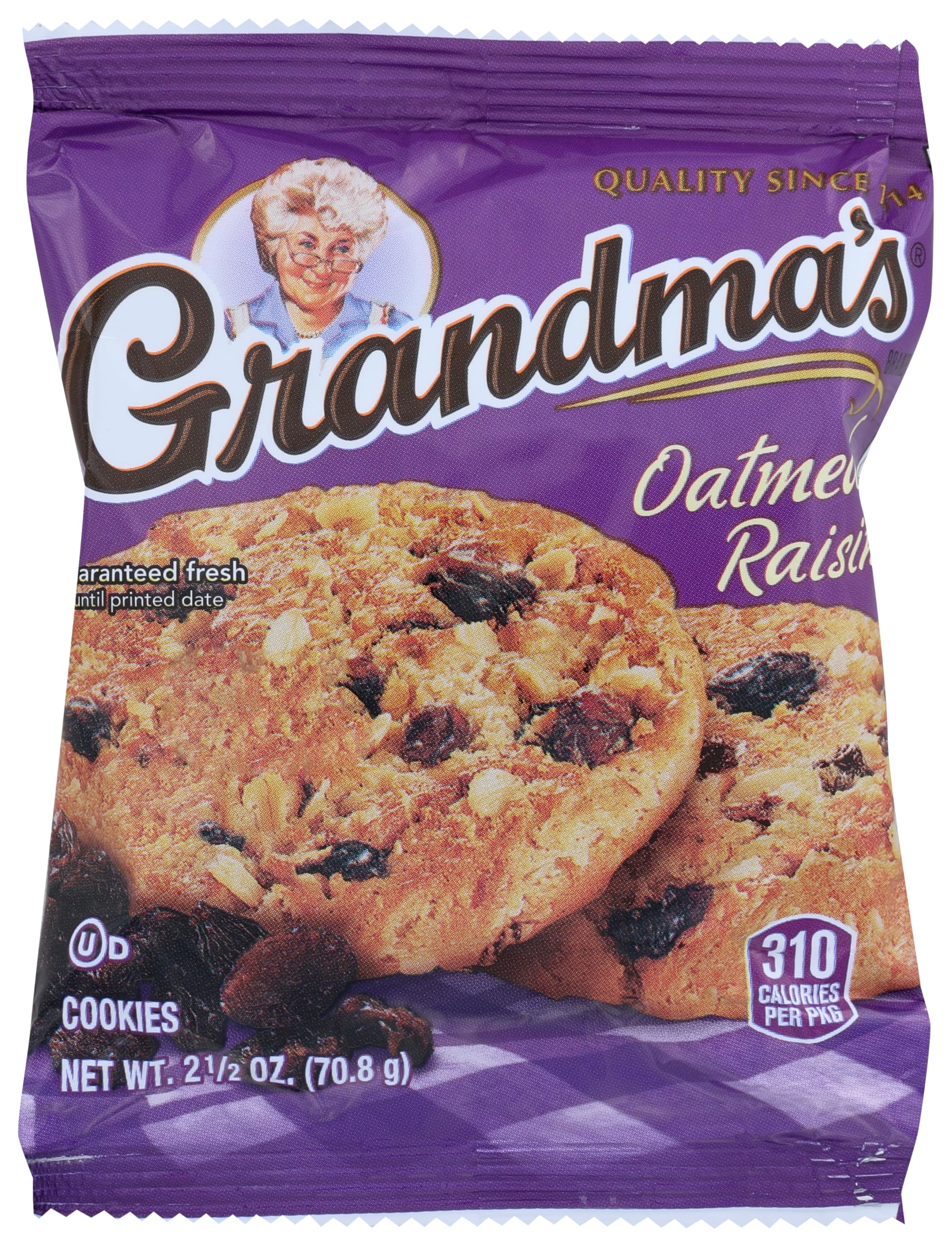 Grandma's Cookies Oatmeal Raisin four-pack packaging shown for grab-and-go snacking