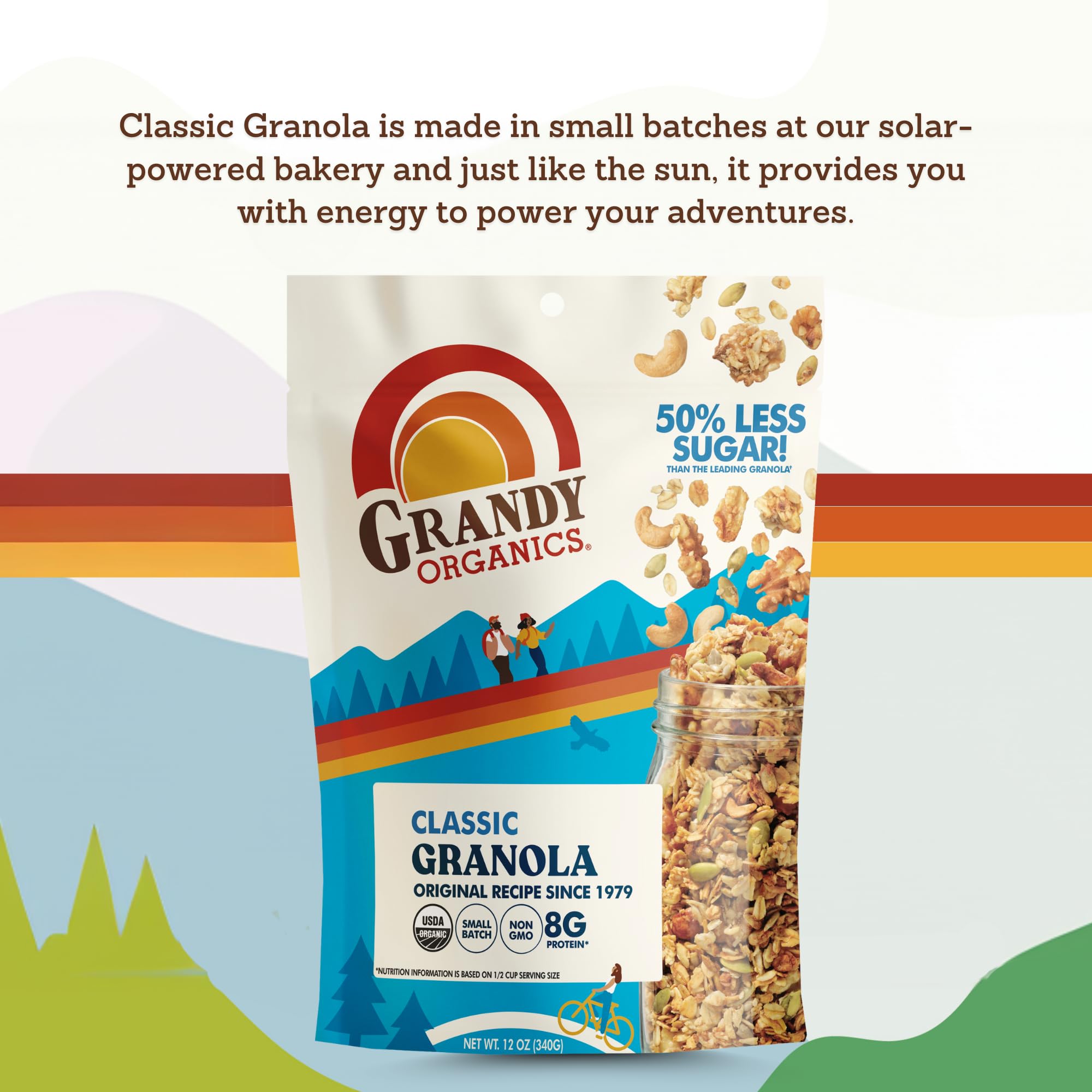 Grandy Organics Classic Granola 12oz bag showcases compact packaging and on the go snacking