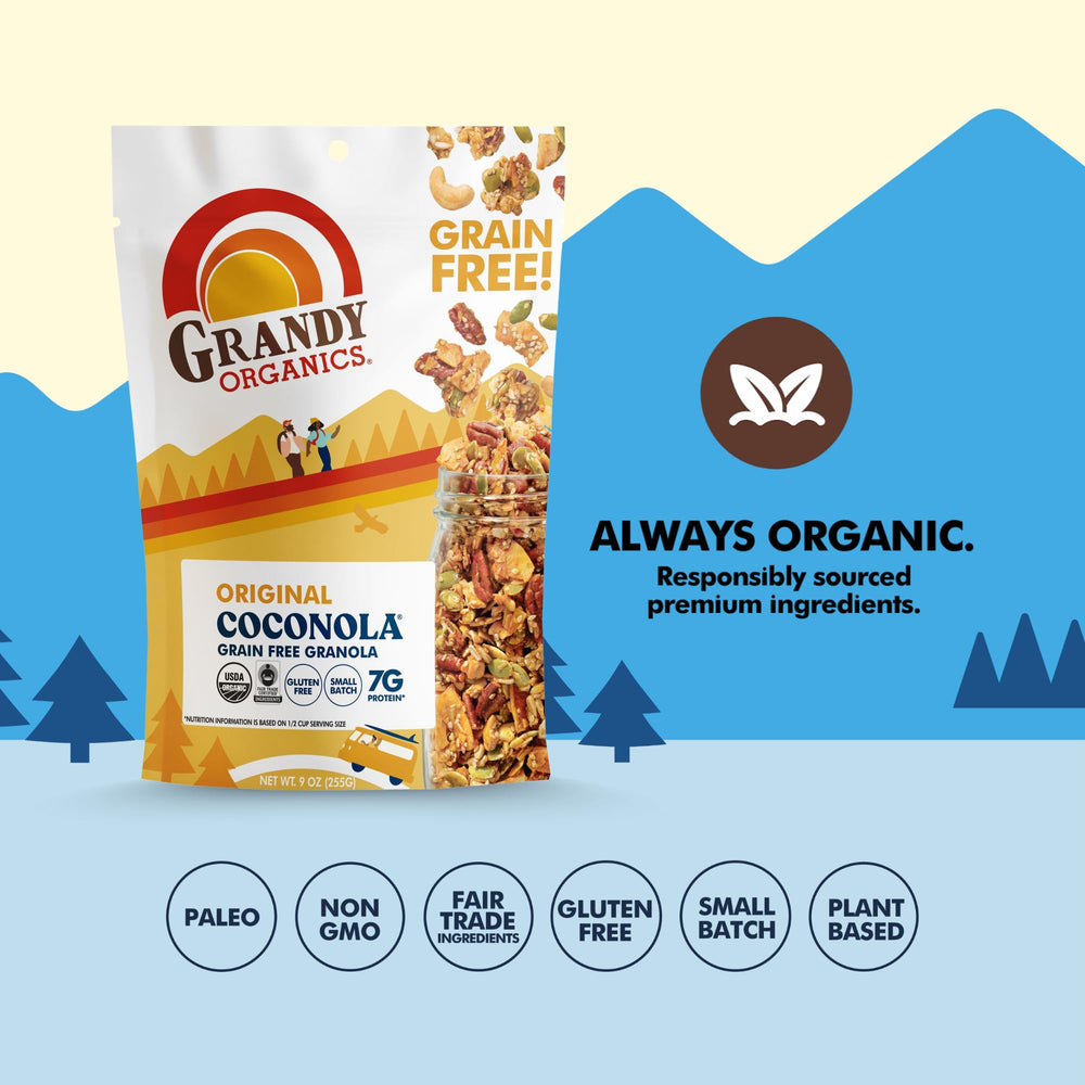 Grandy Organics Coconola solar bakery logo highlights sustainable production energy