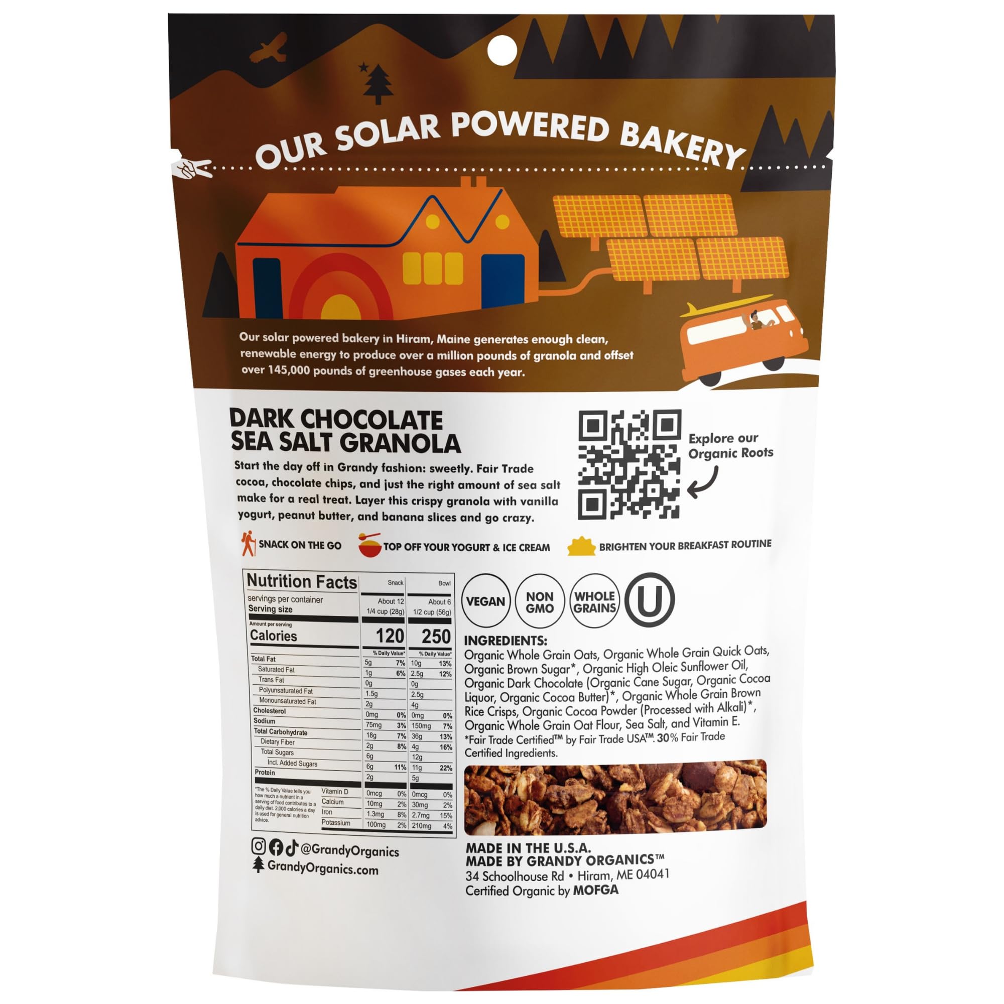 Grandy Organics dark chocolate sea salt granola bag back highlighting gluten-free, non-GMO features for mindful snacking.