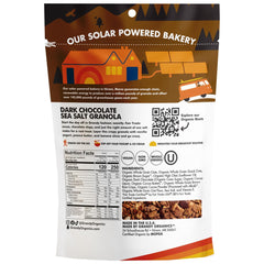 Grandy Organics dark chocolate sea salt granola bag back highlighting gluten-free, non-GMO features for mindful snacking.