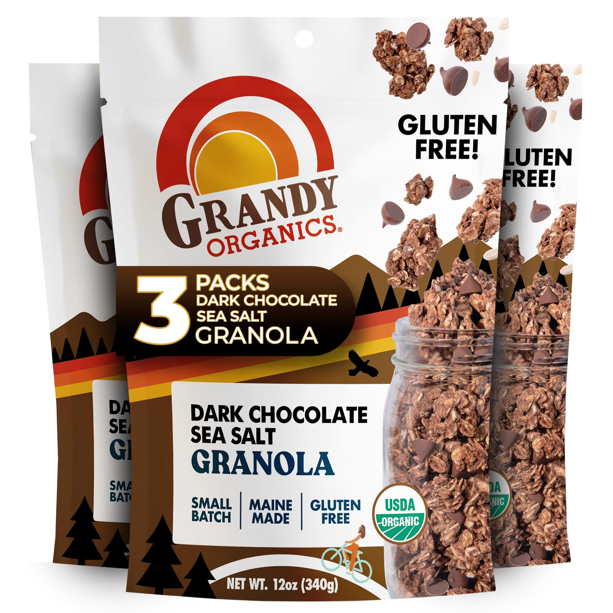 Grandy Organics dark chocolate sea salt granola bag front showing premium organic ingredients for a nutritious breakfast.