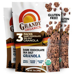 Grandy Organics dark chocolate sea salt granola bag front showing premium organic ingredients for a nutritious breakfast.