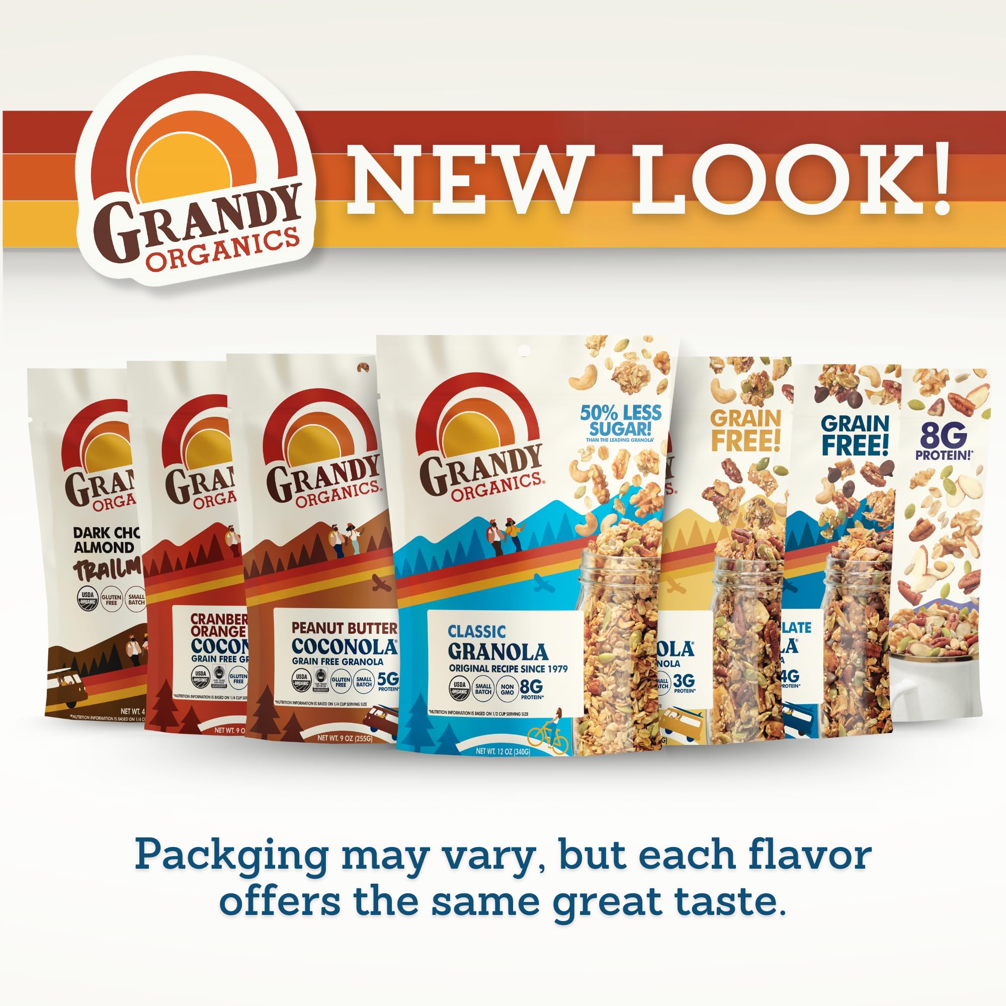 Grandy Organics granola bowl with spoon emphasizes a crunchy, chocolatey texture perfect for yogurt.