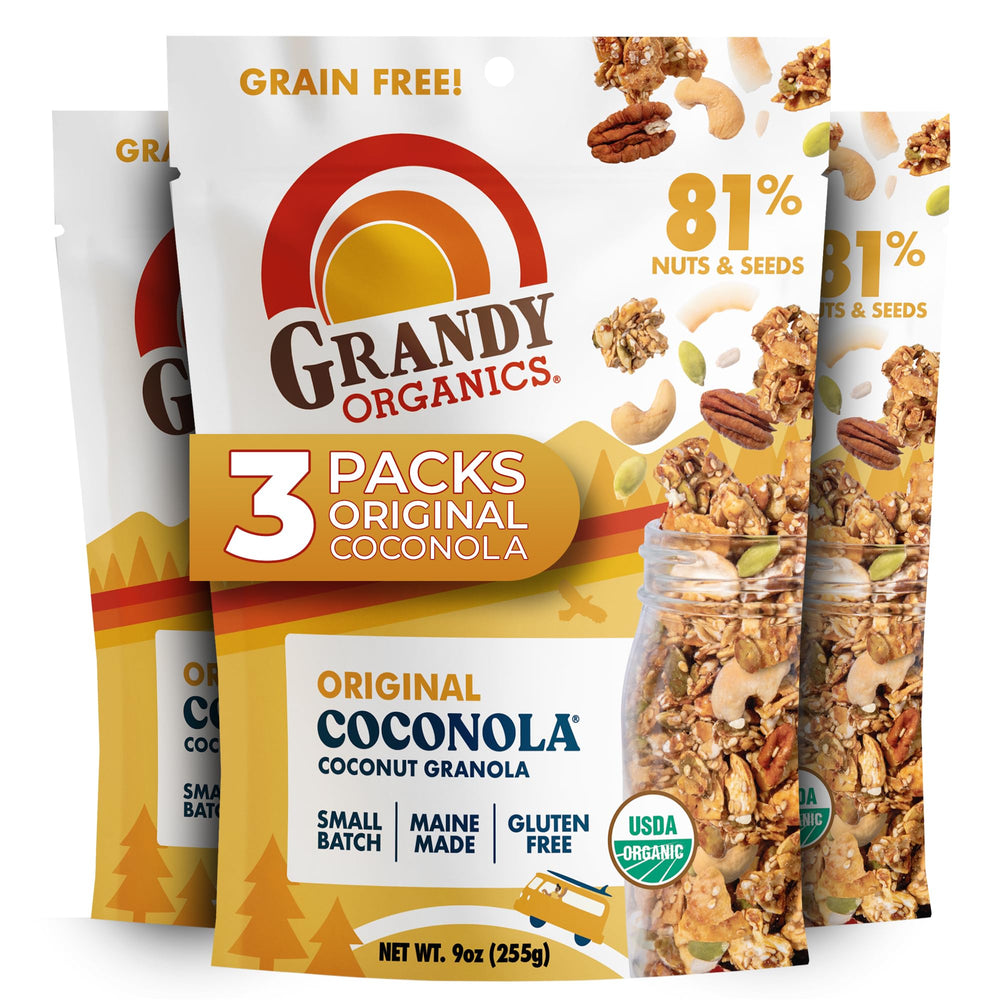 Grandy Organics Original Coconola granola bag close-up showing a crunchy gluten free breakfast option