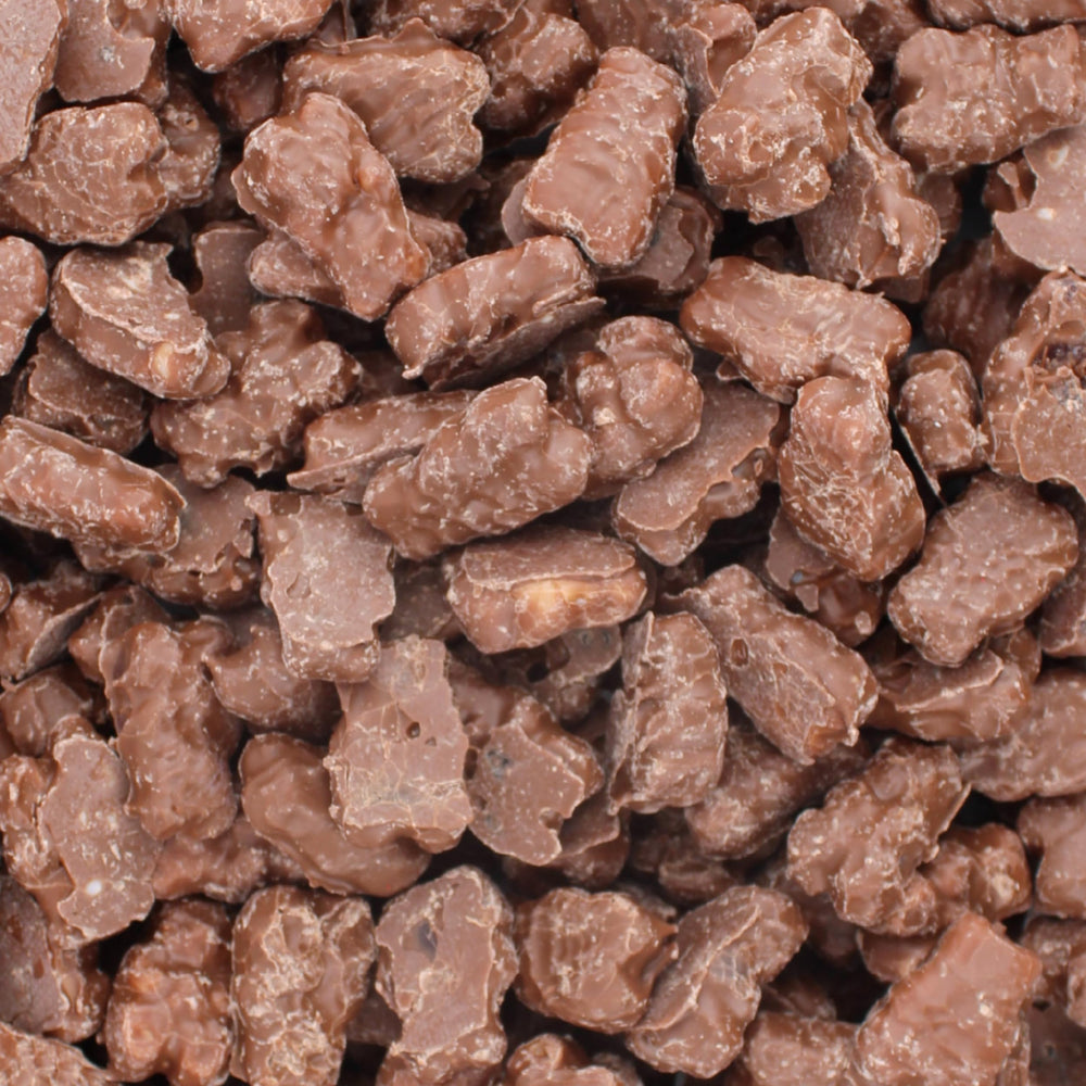 Close-up of milk chocolate dipped gummi bears from Grandys Candys
